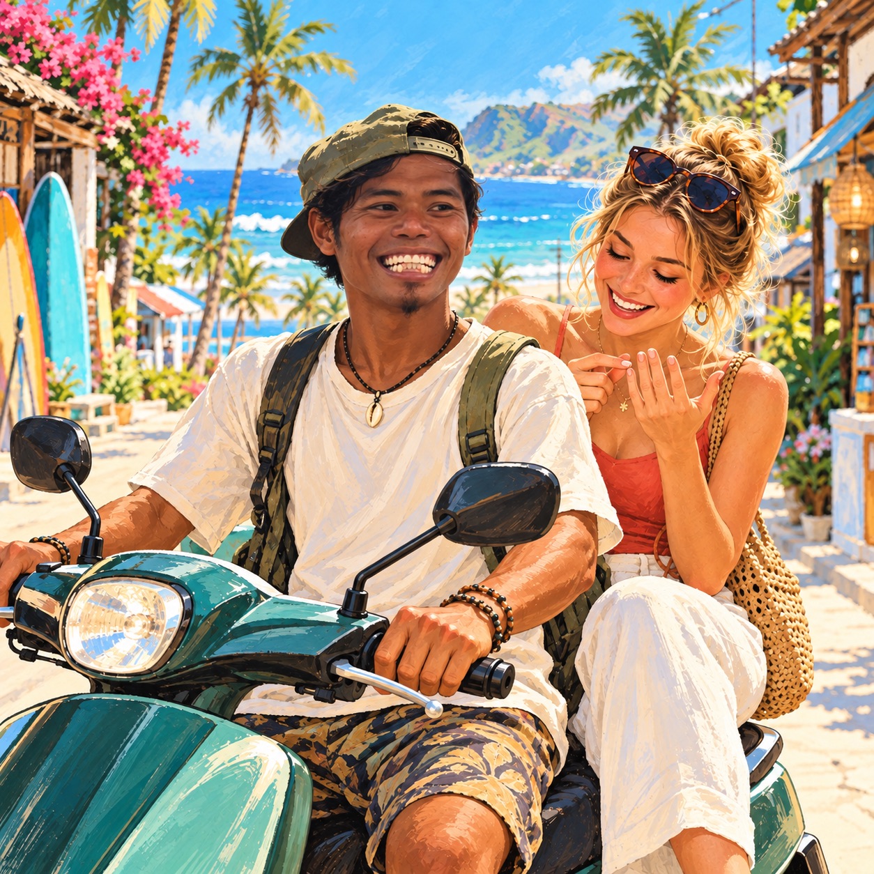 Playful illustration of Dedy as a scooter driver taking a surfer to town